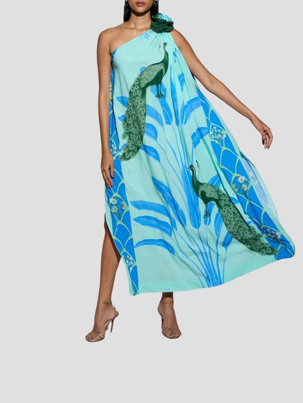 NEW VERANDAH palm and peacock toga maxi dress in aqua